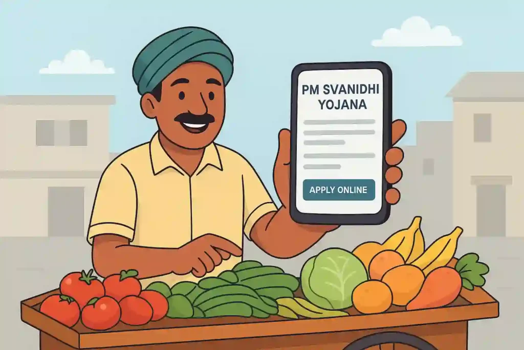Cartoon illustration of an Indian street vendor applying for PM SVANidhi Yojana online using a mobile phone.