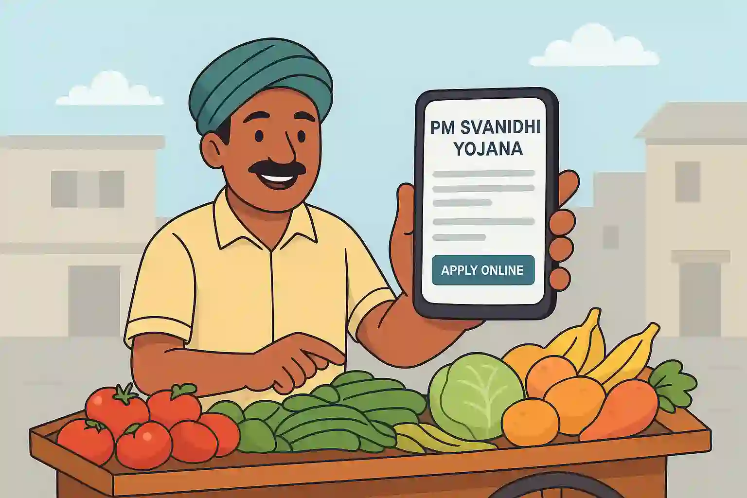 Cartoon illustration of an Indian street vendor applying for PM SVANidhi Yojana online using a mobile phone.
