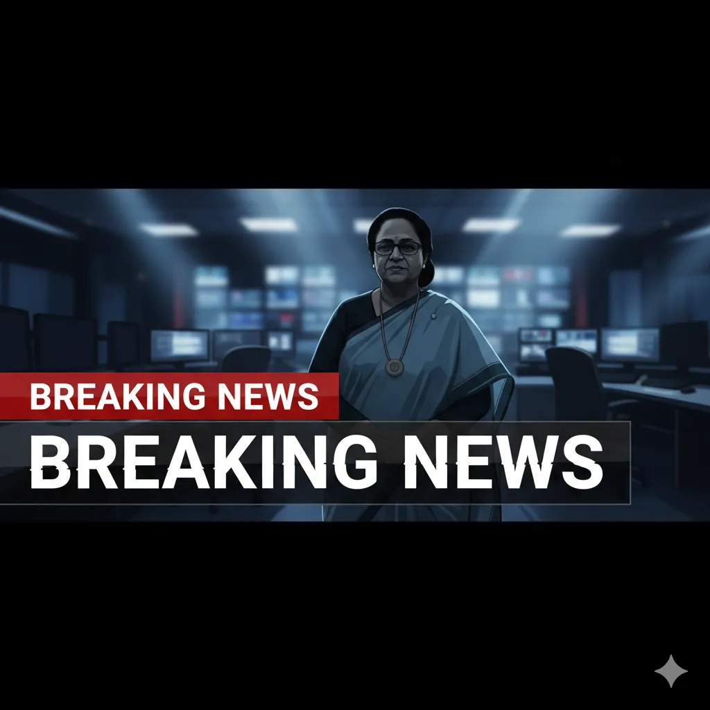 Breaking News banner over a blurred silhouette of Sheikh Hasina with a newsroom-style background, representing the latest updates on the tribunal verdict.