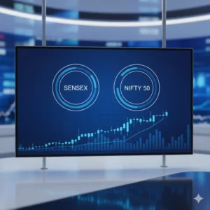 Indian stock market overview showing Sensex and Nifty charts with global market trend indicators in a clean news-style graphic
