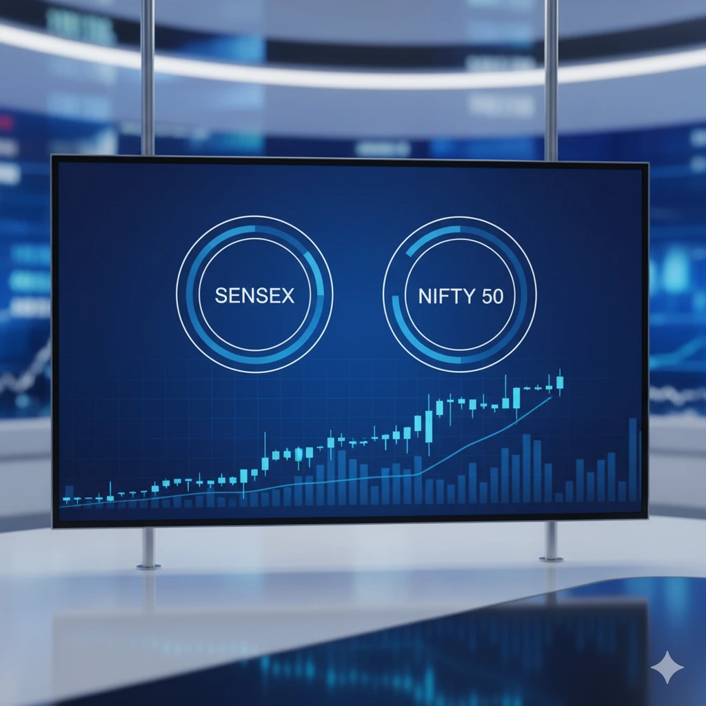 Indian stock market overview showing Sensex and Nifty charts with global market trend indicators in a clean news-style graphic