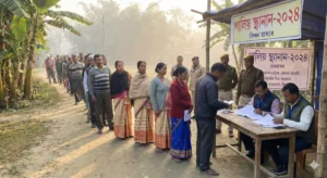 Crowd at a polling station in Assam during voter verification process