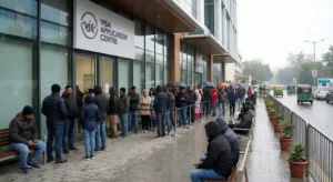 People outside a modern visa application centre in Guwahati after Assam announces new VFS Global facility.
