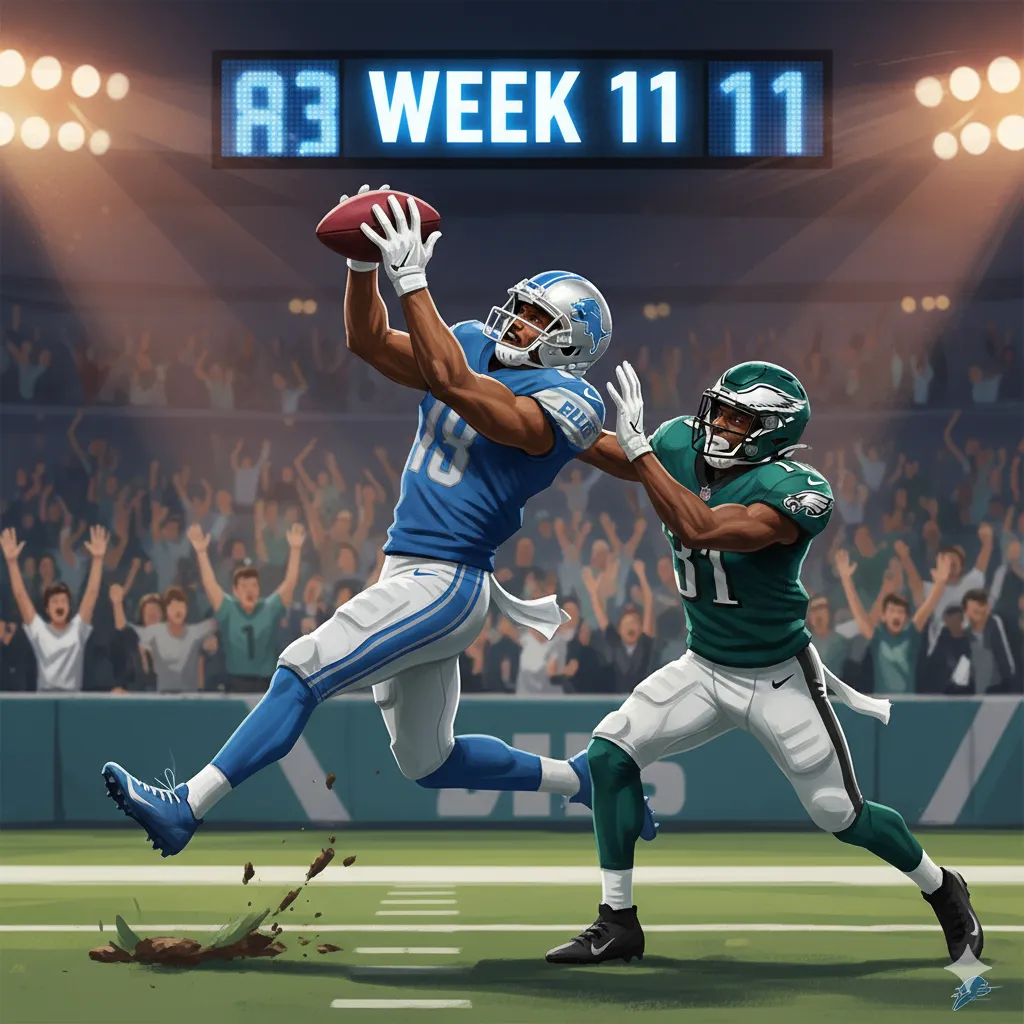 "Detroit Lions and Philadelphia Eagles players in action during NFL Week 11, with stadium crowd and scoreboard in the background, football game illustration.