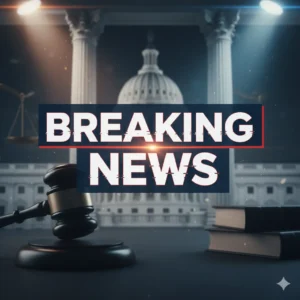 Breaking News banner over a blurred background of a government building and courtroom elements, representing an important legal update.