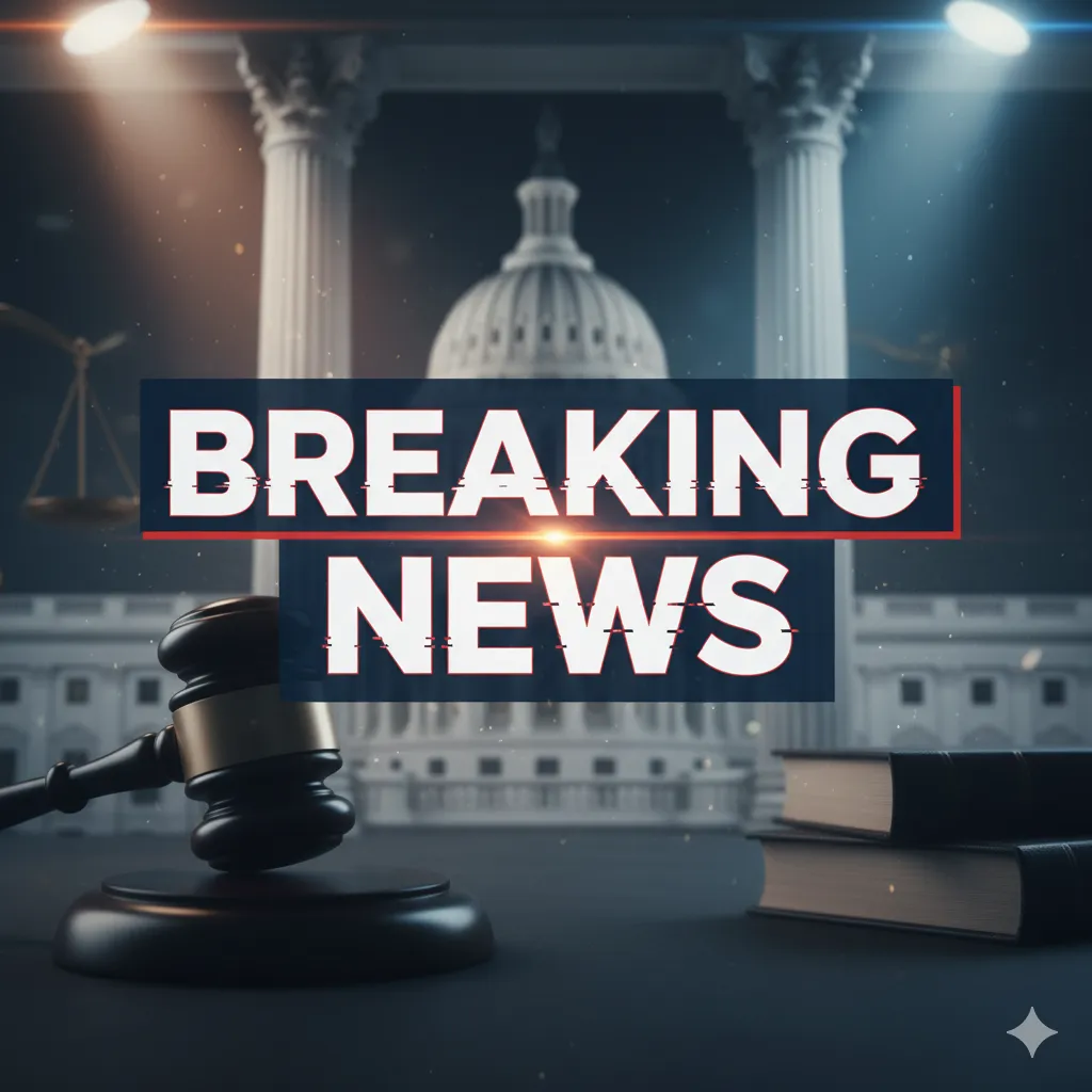 Breaking News banner over a blurred background of a government building and courtroom elements, representing an important legal update.