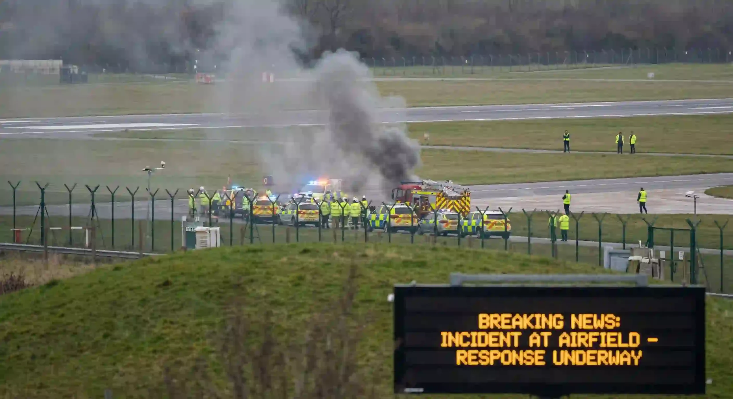 Emergency crews responding near a smoke-filled crash site at an airfield during the Dubai Air Show.