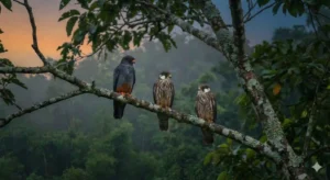 Real photo of three Amur falcons perched on a tree branch in Manipur during migration season.