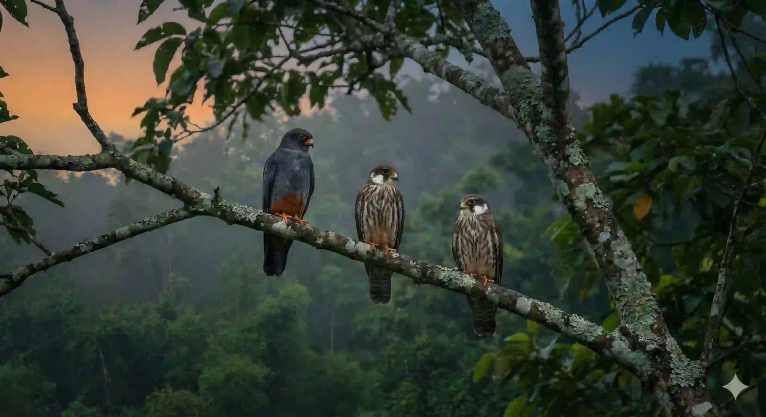 Real photo of three Amur falcons perched on a tree branch in Manipur during migration season.