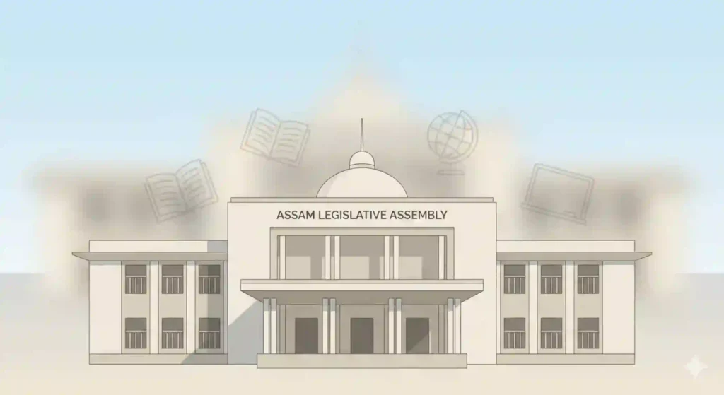Cartoon-style illustration of the Assam Legislative Assembly with subtle education symbols like books and pencils in the background.