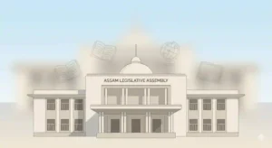Cartoon-style illustration of the Assam Legislative Assembly with subtle education symbols like books and pencils in the background.