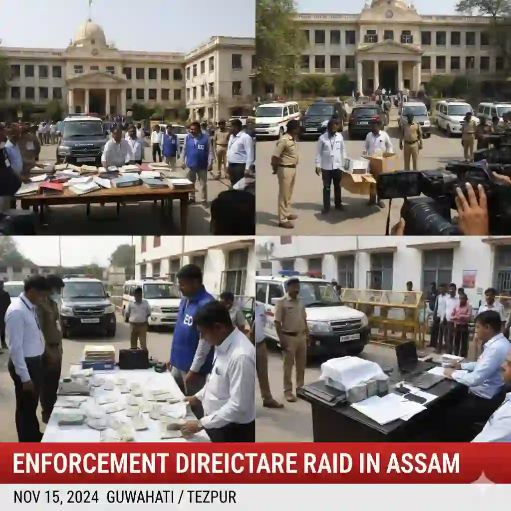 Enforcement Directorate officials conducting raids in Assam, seizing cash, documents, and vehicles in a money laundering investigation