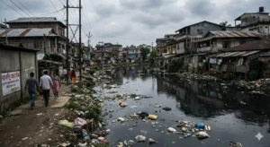 Polluted Bharalu stream flowing through Guwahati city