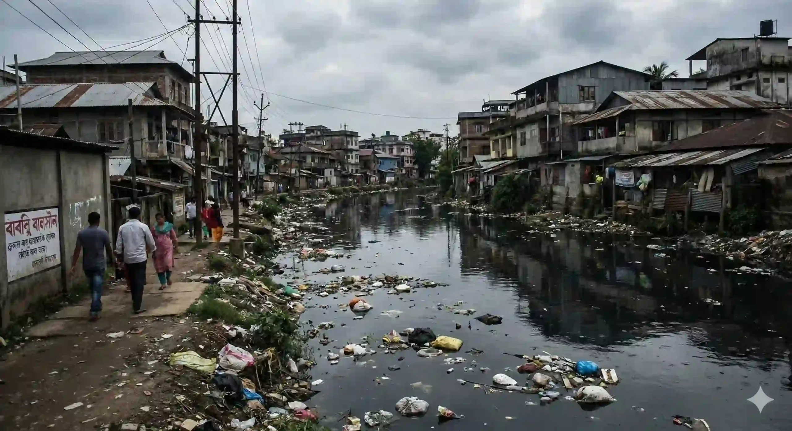 Polluted Bharalu stream flowing through Guwahati city
