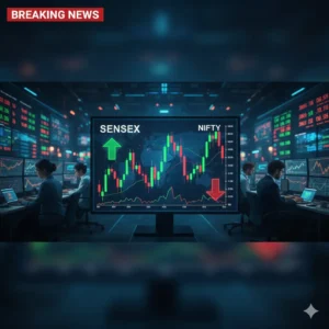 Indian share market live update with Sensex and Nifty charts, traders analyzing stock trends, upward and downward arrows, financial news header, colorful and engaging news-style image.