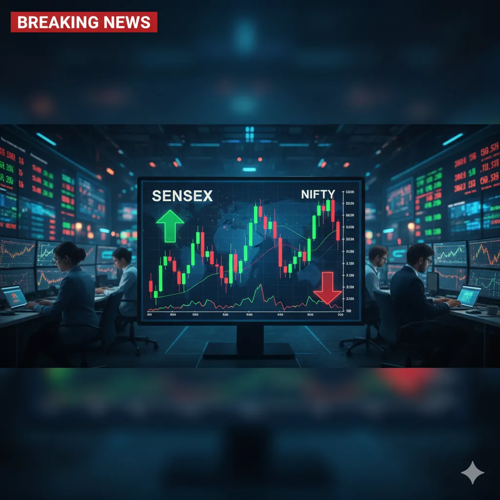 Indian share market live update with Sensex and Nifty charts, traders analyzing stock trends, upward and downward arrows, financial news header, colorful and engaging news-style image.
