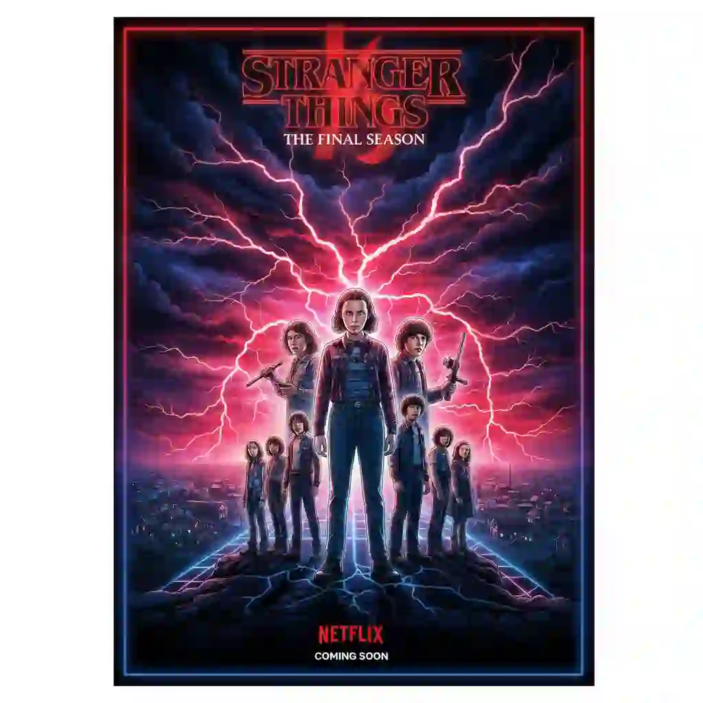 Stranger Things Season 5 poster-style artwork showing Eleven and the Hawkins cast with red lightning from the Upside Down.