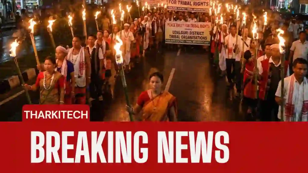 Tribal organisations holding a torch rally in Udalguri protesting ST status decision