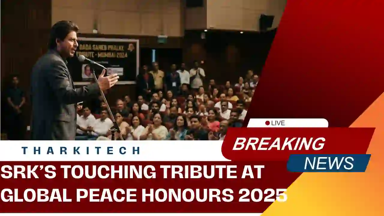 Shah Rukh Khan speaking on stage at the Global Peace Honours 2025 in Mumbai