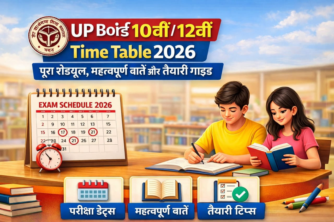 Indian students preparing for UP Board 10th and 12th exams 2026 in a classroom with books, notes, and timetable in the background.