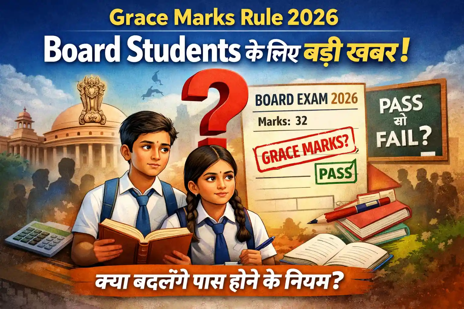 “Grace Marks Rule 2026 को लेकर बोर्ड छात्रों की चिंता, रिपोर्ट कार्ड और पास-फेल के सवाल के साथ 10वीं–12वीं बोर्ड परीक्षा का प्रतीकात्मक दृश्य” अगर चाहें तो मैं ✅ short ALT (SEO focus) ✅ long ALT (accessibili