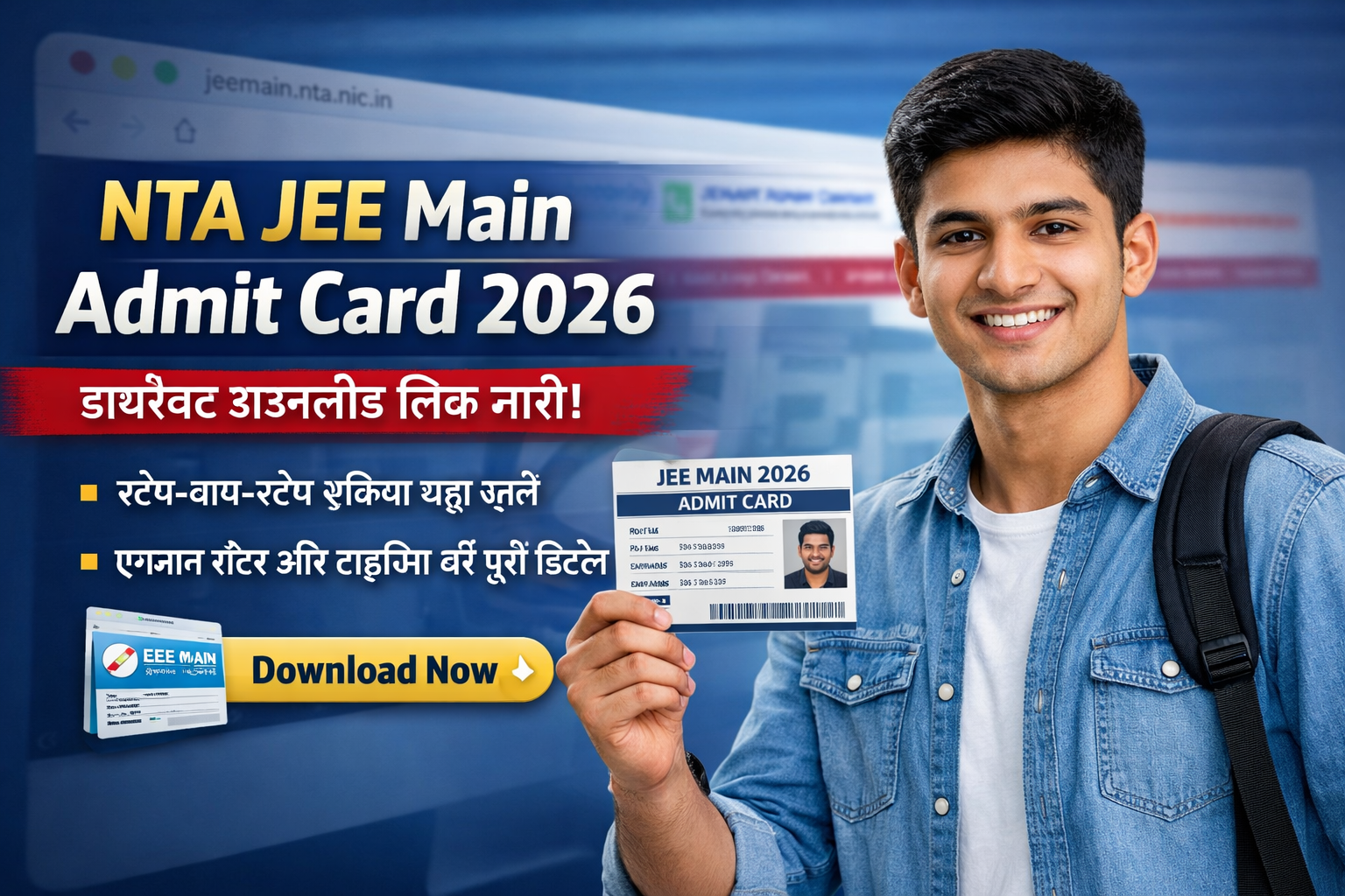 NTA JEE Main Admit Card 2026 डाउनलोड करते हुए छात्र, jeemain.nta.nic.in पर JEE Main 2026 Hall Ticket अपडेट