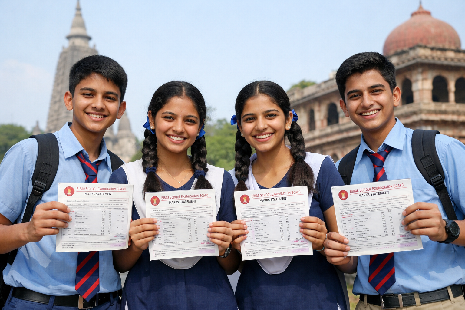 A realistic photo of Indian school students holding their 10th marksheet, wearing school uniform, happy expressions, Bihar background, natural lighting, professional DSLR quality.
