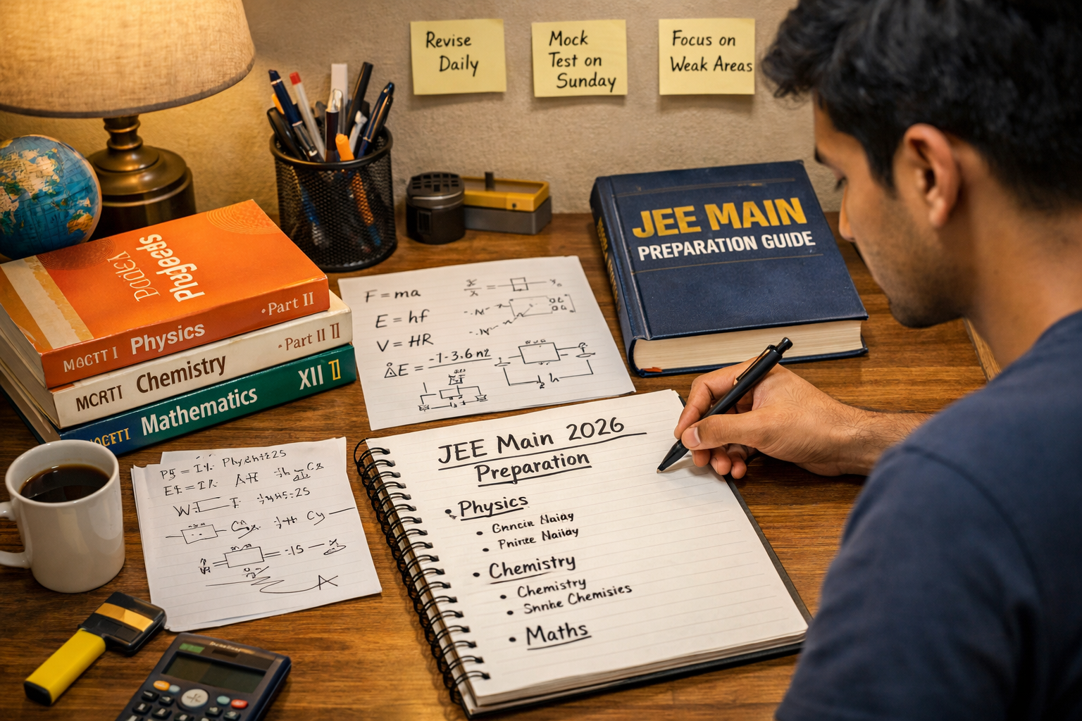 Student preparing for JEE Main 2026 with NCERT books and handwritten notes